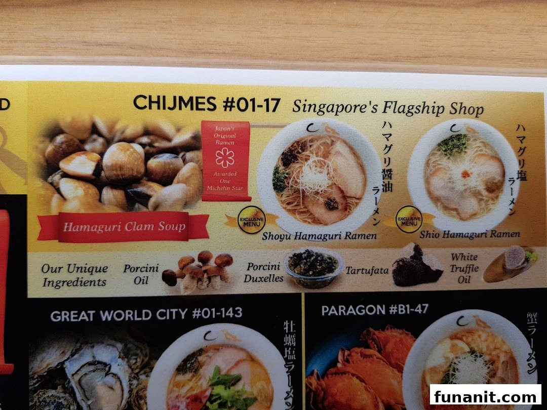 A menu board for Afuri, showcasing Hamaguri clam ramen, unique ingredients, and shop locations.