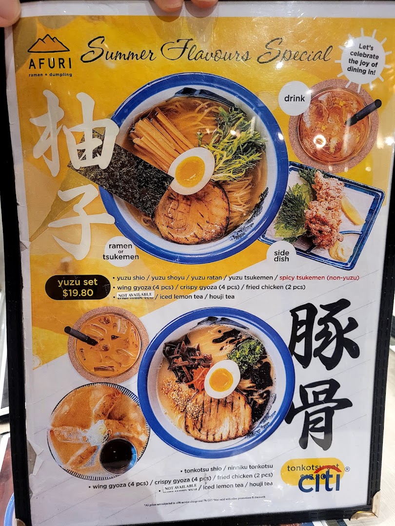 A vibrant menu board for Afuri, showcasing their ramen, side dishes, and drink specials.