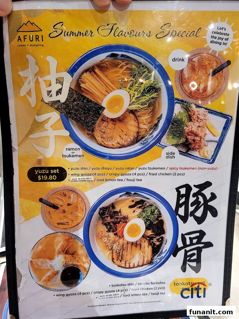 A vibrant menu board for Afuri, showcasing their ramen, side dishes, and drink specials.