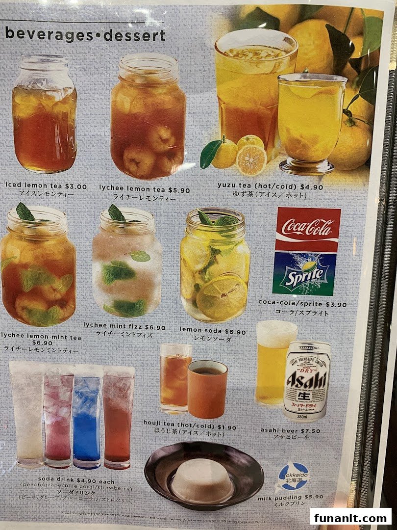 A vibrant menu displaying a variety of refreshing beverages and a dessert item.