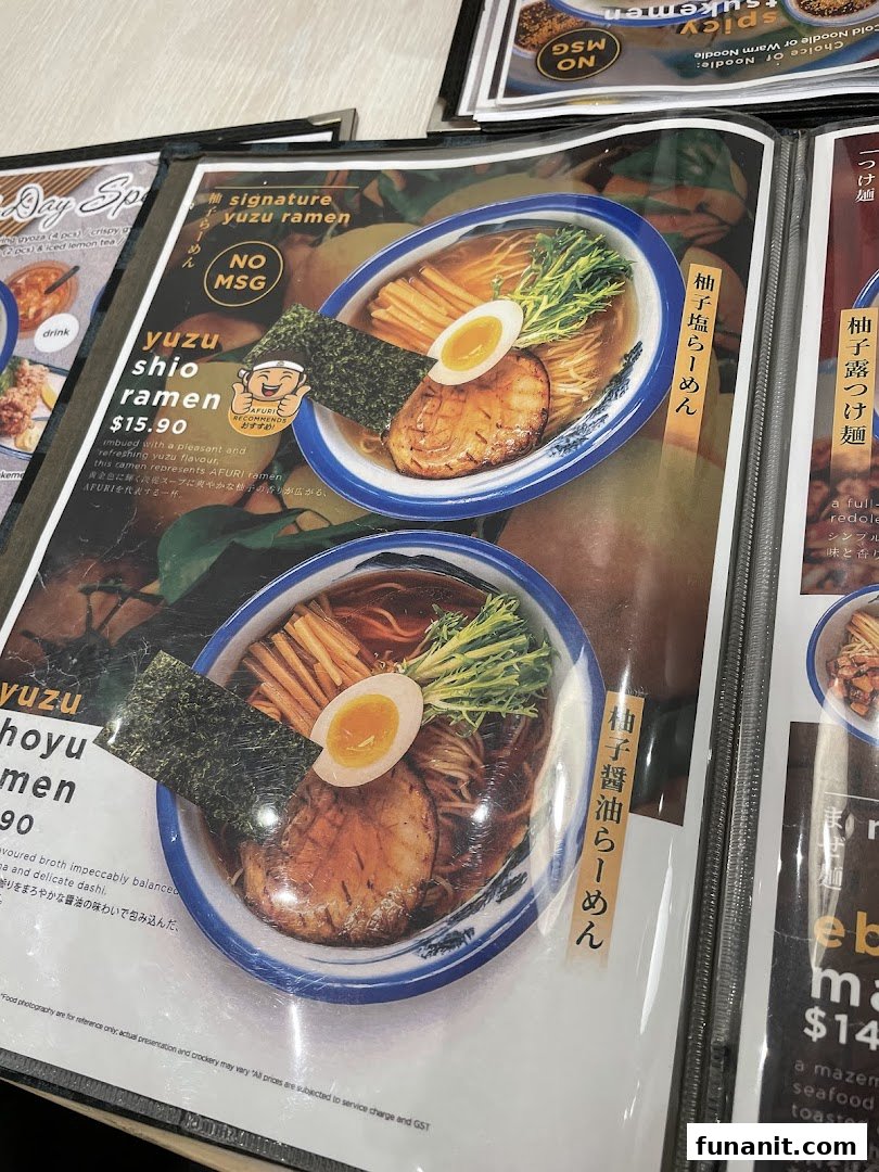 A close-up of Afuri's menu page showcasing their signature yuzu ramen dishes.