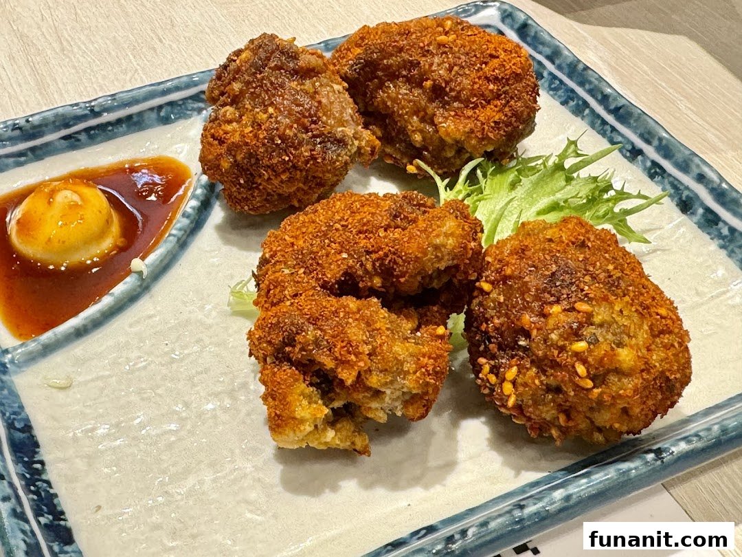 Close-up of crispy, golden-brown fried items with a rich dipping sauce and fresh lettuce on a decorative plate.