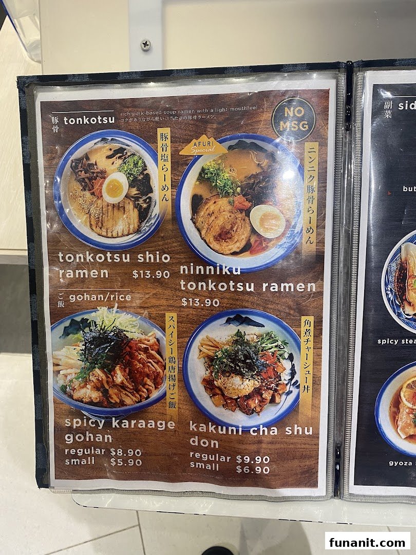 A close-up of Afuri's ramen and rice bowl menu with prices and images.