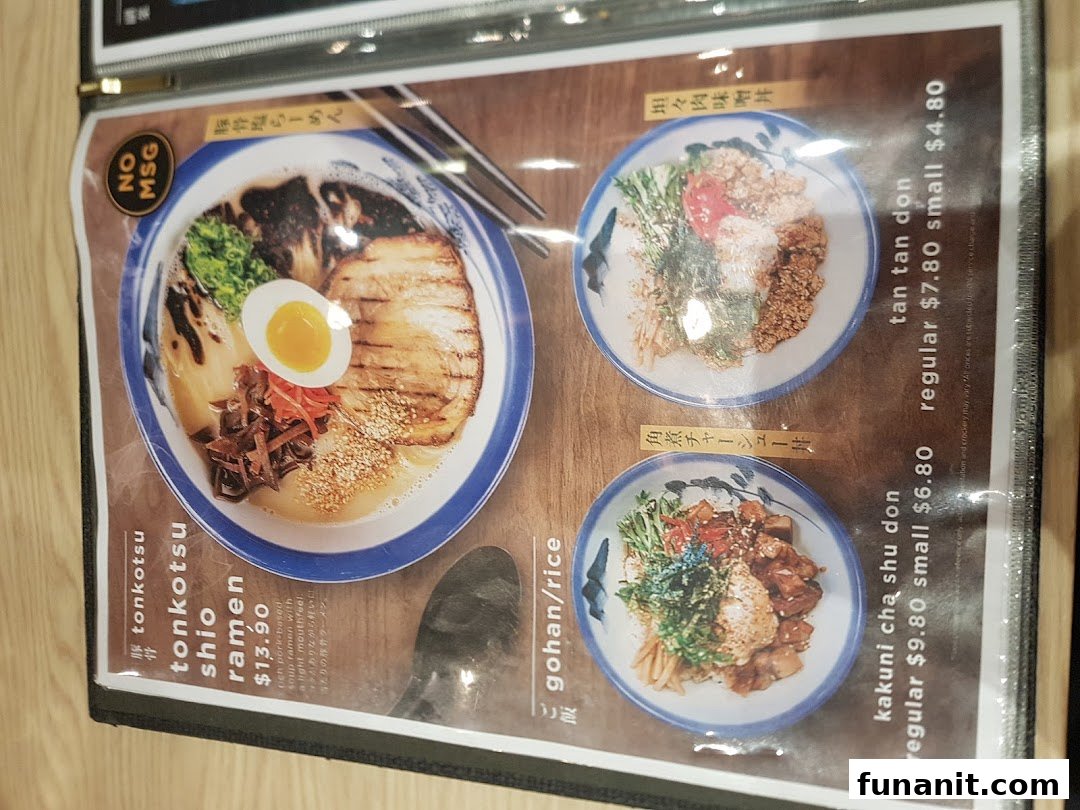 A close-up image of Afuri's menu, showcasing ramen and rice bowl options with prices.