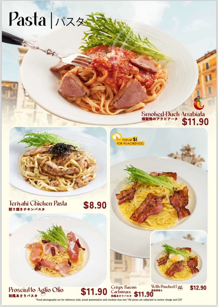 A menu displaying various pasta dishes with prices and descriptions, including Smoked Duck Arrabiata and Carbonara.