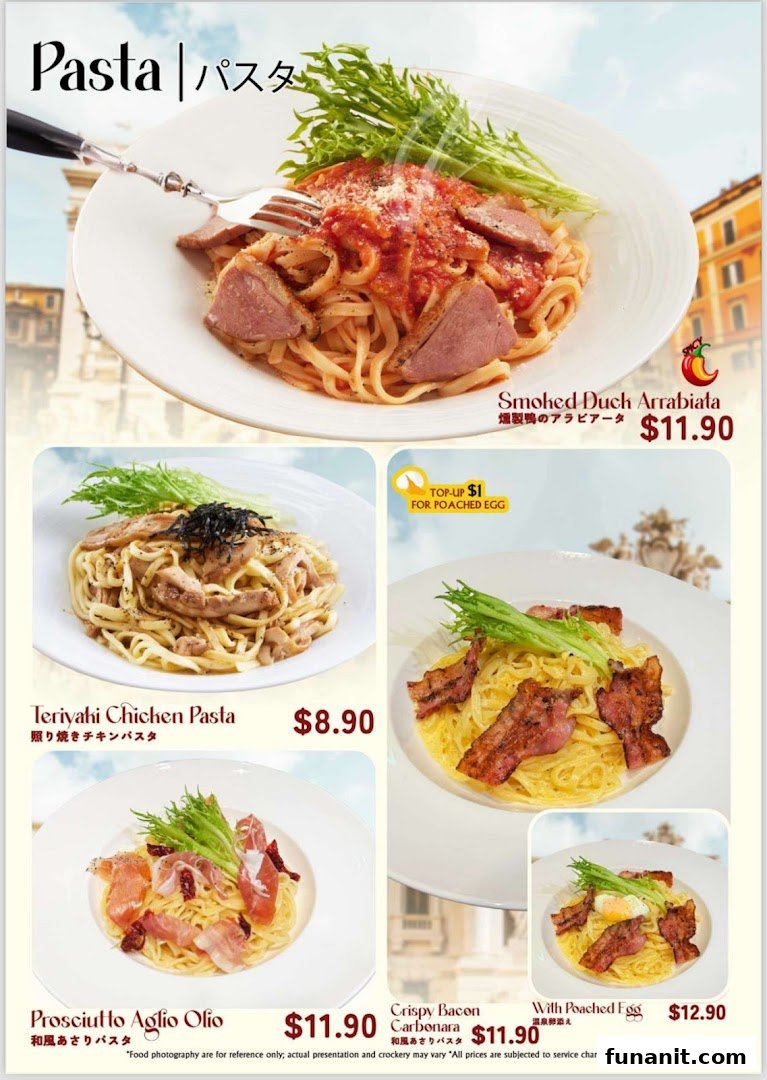 A menu displaying various pasta dishes with prices and descriptions, including Smoked Duck Arrabiata and Carbonara.