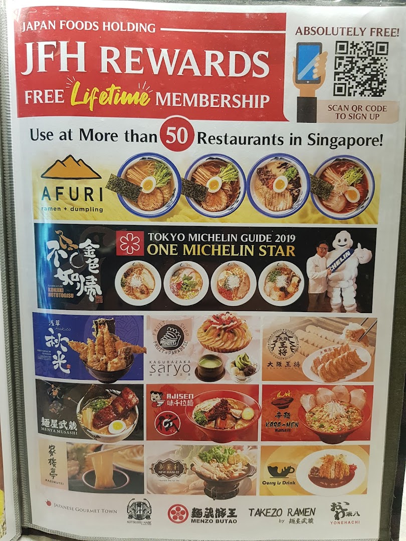 A promotional display for Japan Foods Holding's JFH Rewards program, showcasing various Japanese restaurants like Afuri.