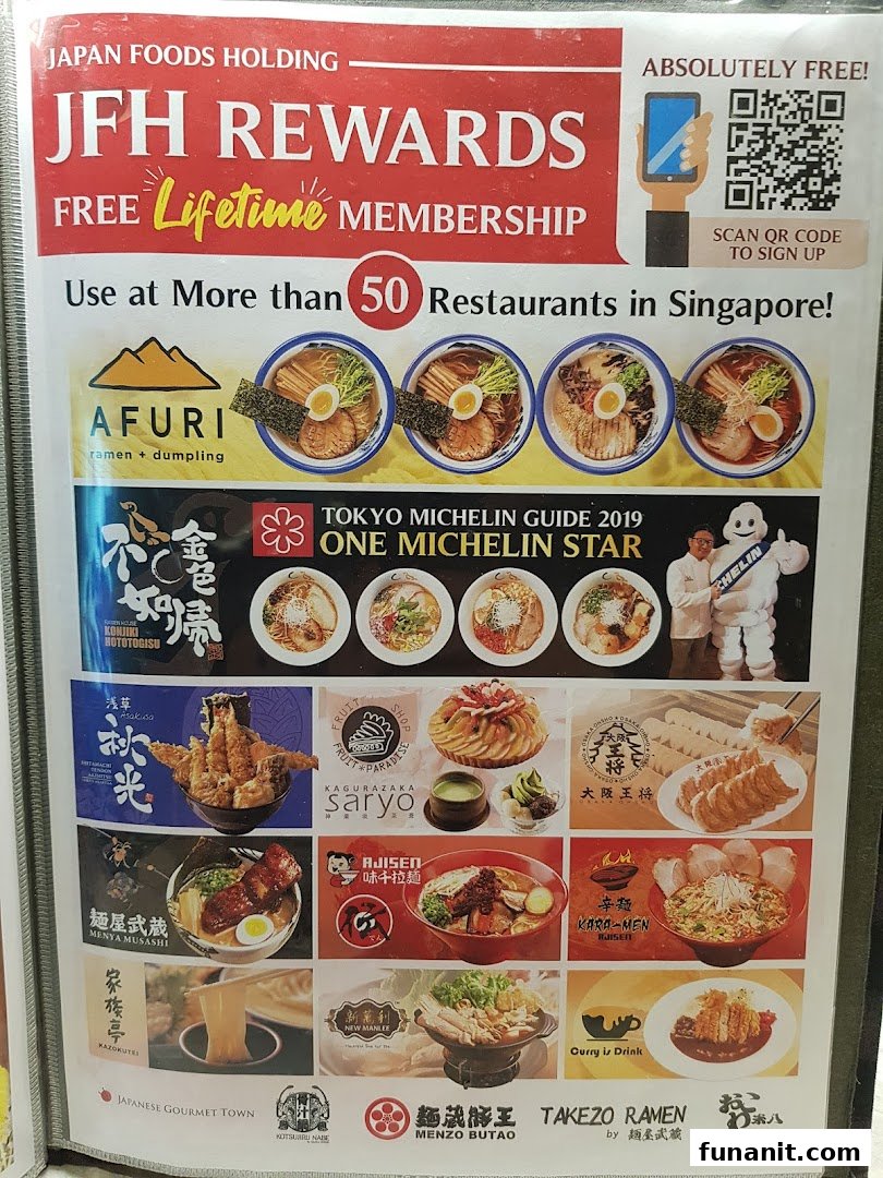 A promotional display for Japan Foods Holding's JFH Rewards program, showcasing various Japanese restaurants like Afuri.