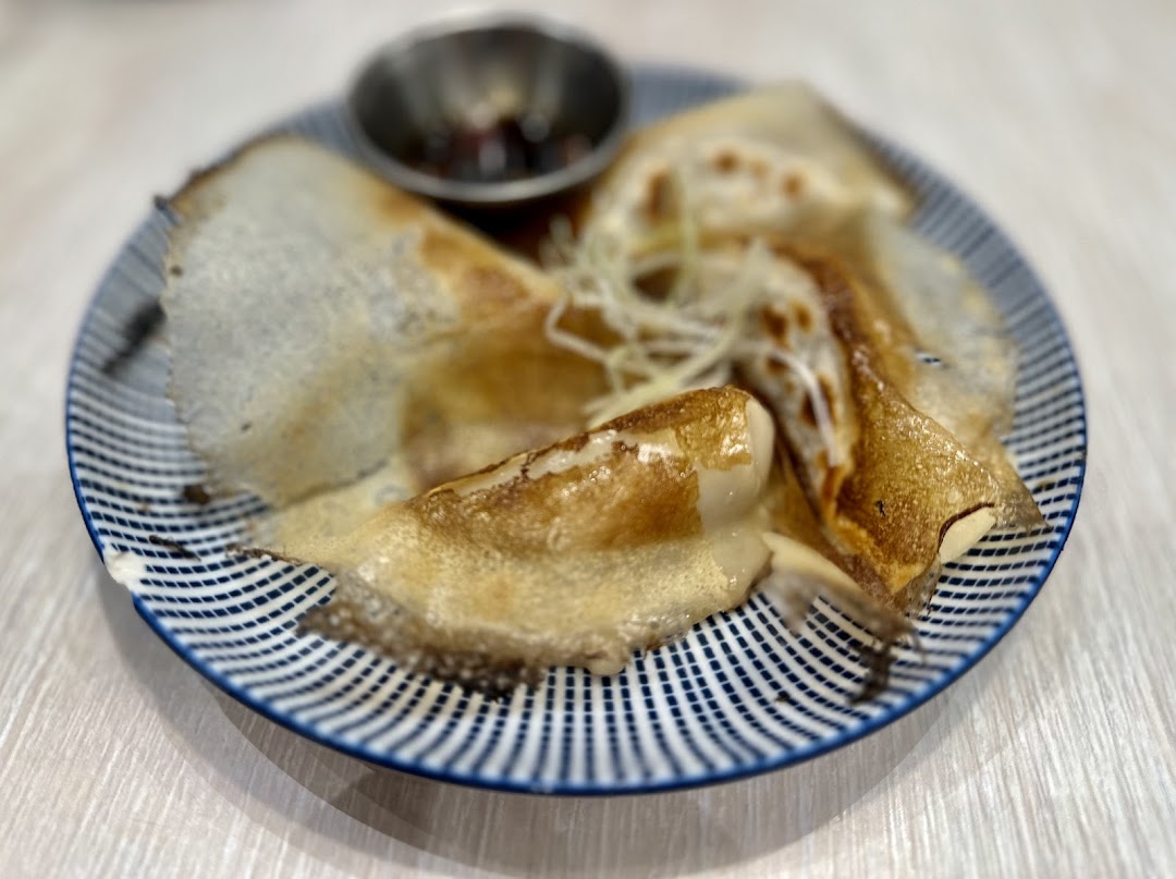 A close-up of pan-fried dumplings or gyoza served on a patterned plate with a dipping sauce.