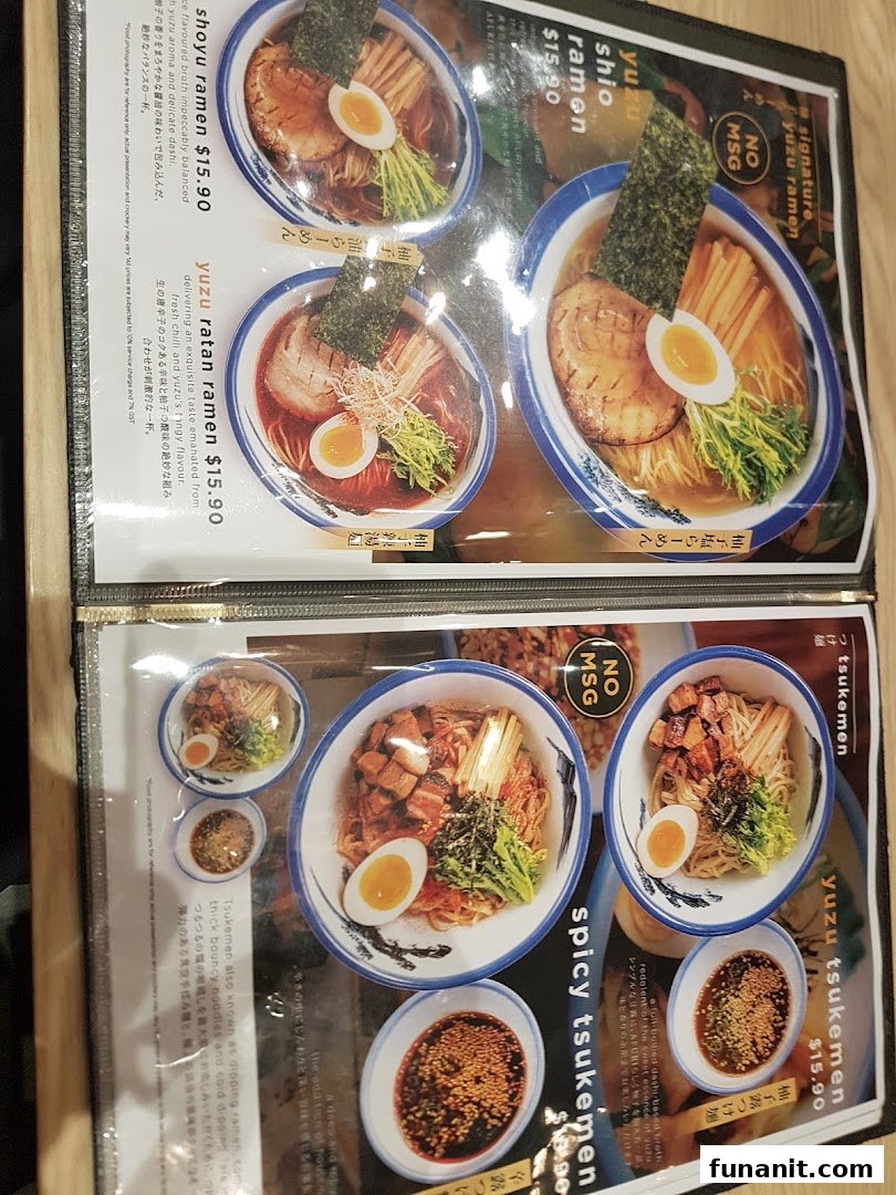 A close-up of Afuri's ramen and tsukemen menu, showcasing various noodle dishes with prices and descriptions.