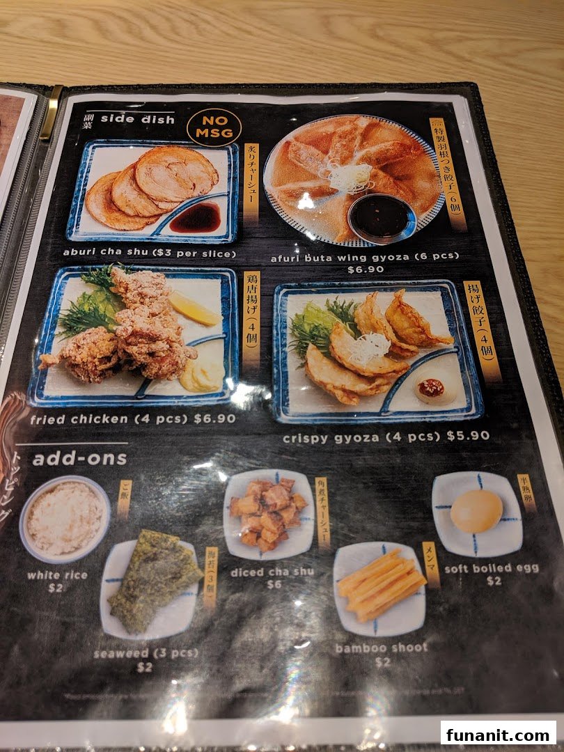 A detailed menu page from Afuri showcasing various side dishes and add-ons with prices.