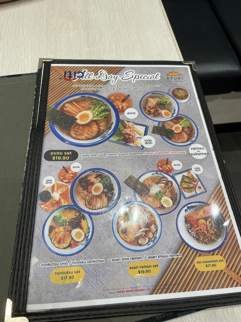 A close-up view of Afuri's menu displaying various ramen sets and specials with prices.