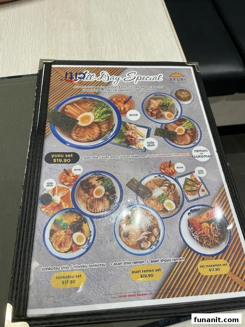 A close-up view of Afuri's menu displaying various ramen sets and specials with prices.