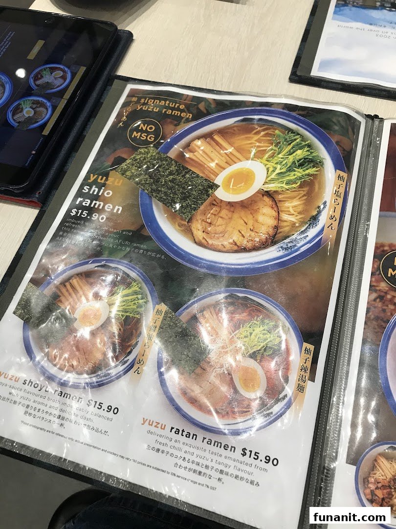 A close-up of Afuri's ramen menu, showcasing various yuzu ramen dishes with prices and descriptions.