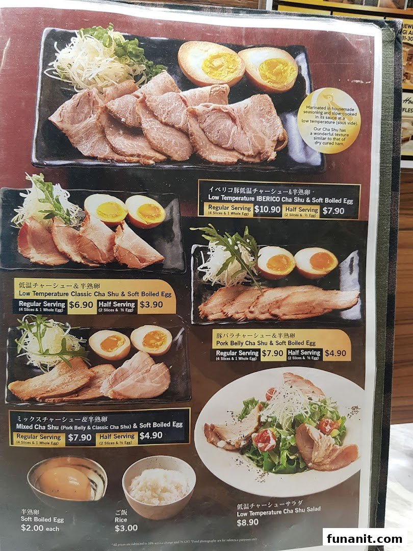 A detailed menu page showcasing various Cha Shu (sliced pork) dishes and soft-boiled eggs from Afuri.