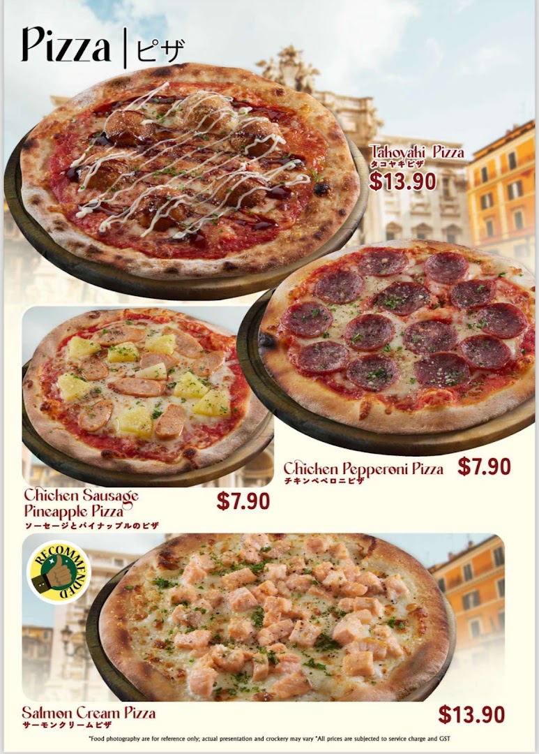 A vibrant menu displaying various pizza options with prices, including Takoyaki and Salmon Cream pizzas.