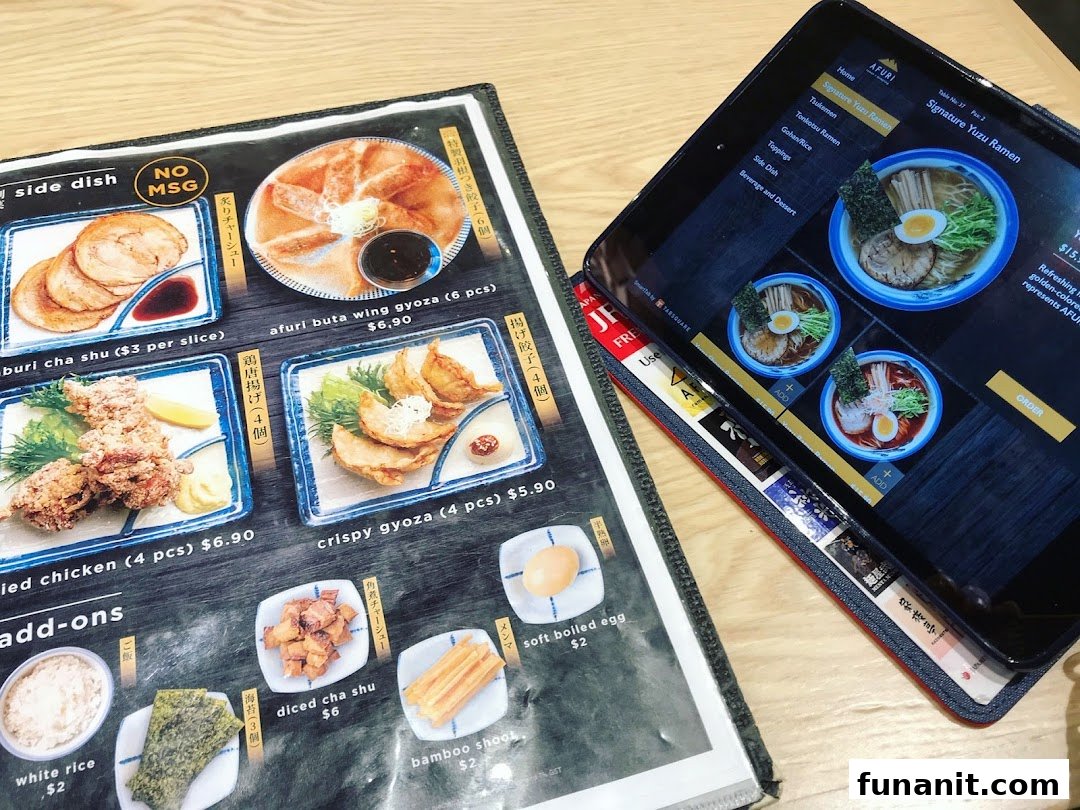 A detailed view of Afuri's physical and digital menus, showcasing ramen, side dishes, and add-ons.