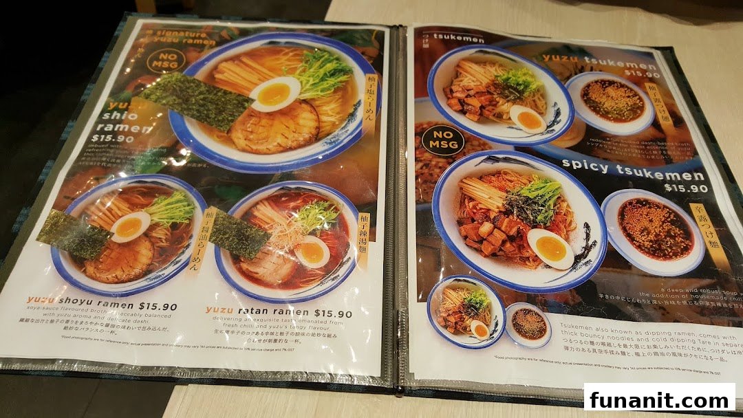 A detailed menu displaying Afuri's signature yuzu ramen and tsukemen dishes with prices and descriptions.