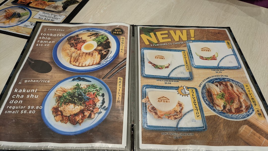 A detailed view of Afuri's menu featuring ramen, rice bowls, buns, and gyoza.