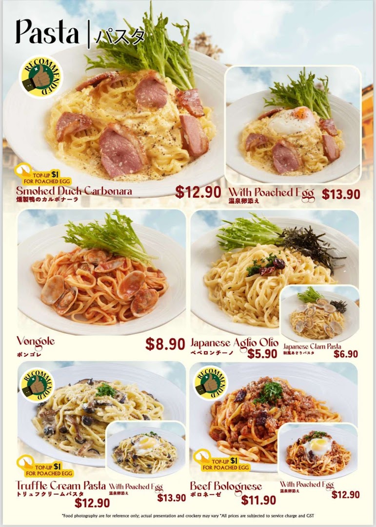A vibrant menu showcasing various pasta dishes, including carbonara, vongole, and bolognese, with prices.