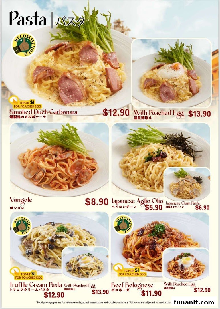 A vibrant menu showcasing various pasta dishes, including carbonara, vongole, and bolognese, with prices.