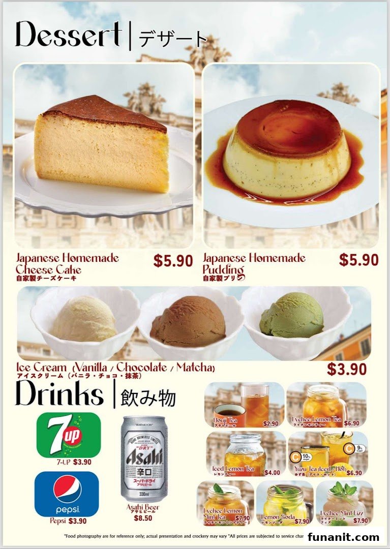 A menu displaying desserts and drinks, including Japanese homemade cheesecake, pudding, ice cream, and various beverages.