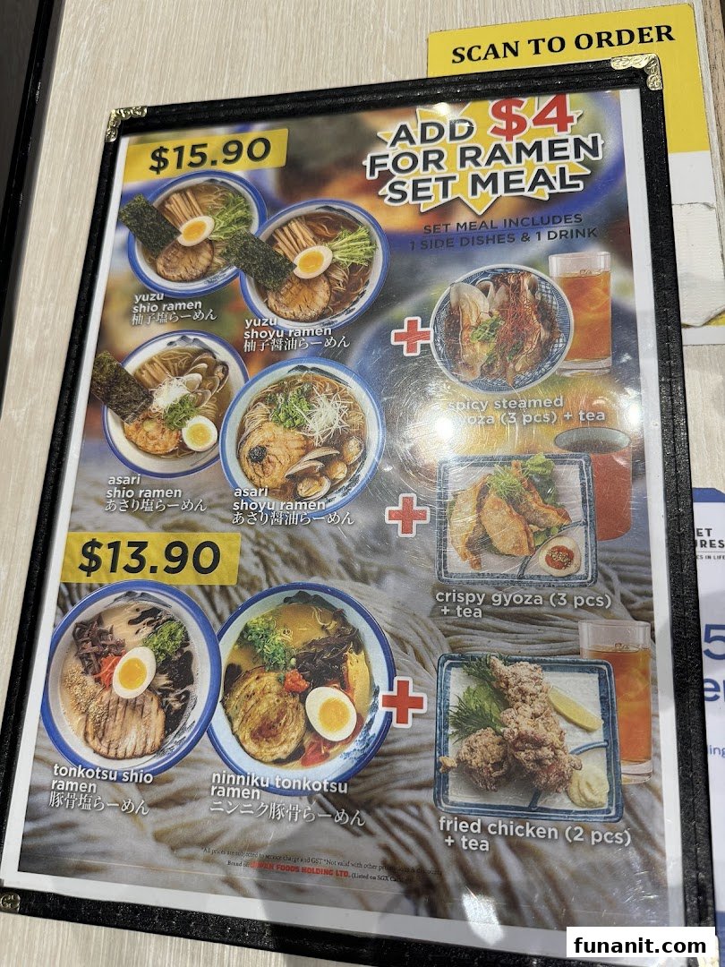 A close-up of Afuri's ramen menu, showcasing various ramen bowls and set meal add-ons.