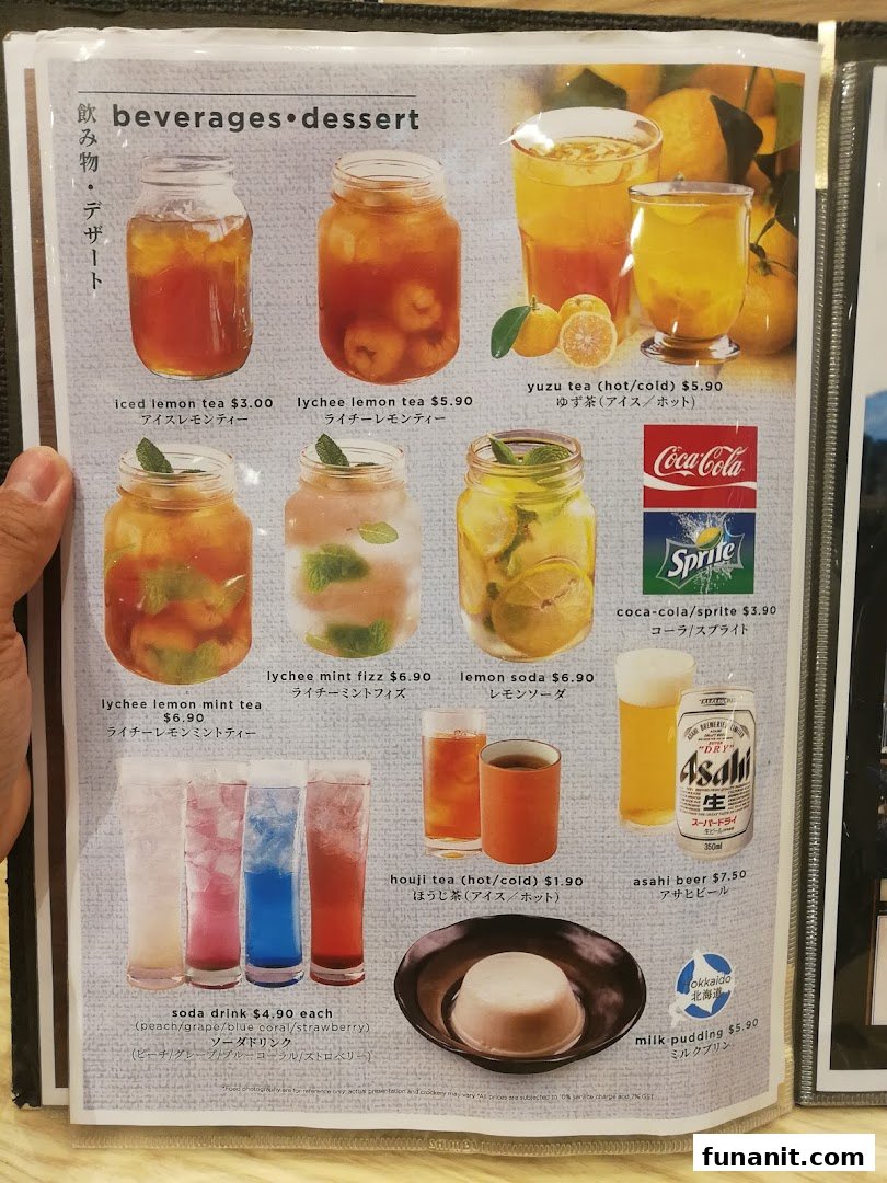 A vibrant menu showcasing Afuri's refreshing beverages and a delightful milk pudding dessert.