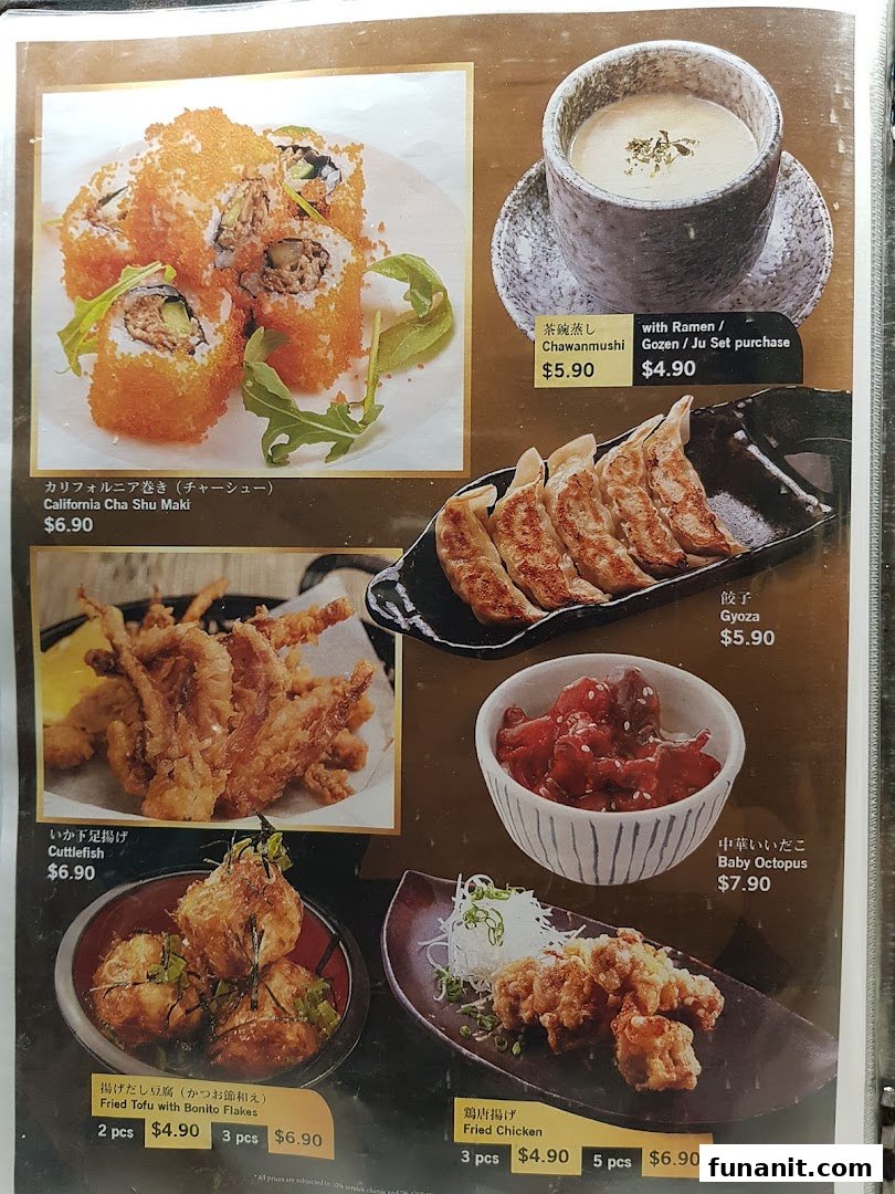 A detailed menu displaying various Japanese appetizers, sushi, and side dishes with prices.