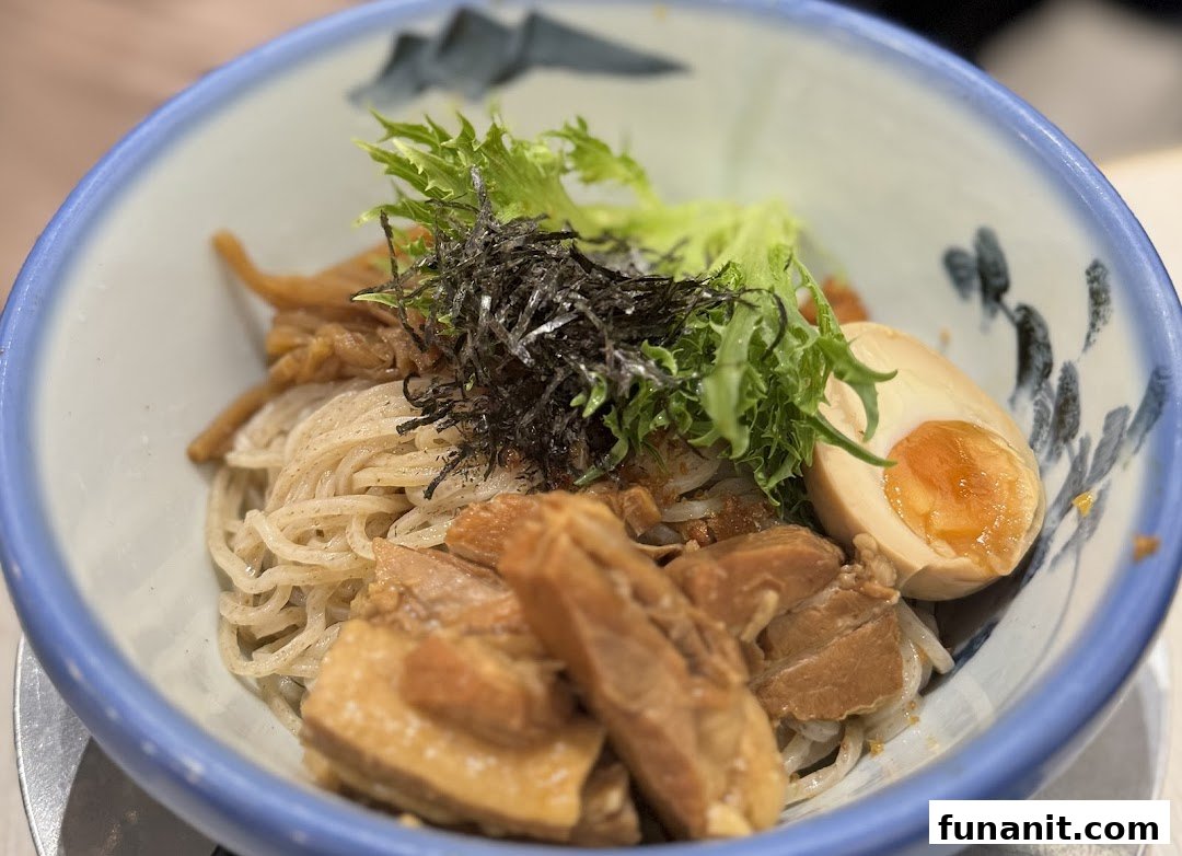 A close-up of a delicious bowl of ramen or tsukemen with pork, egg, and greens.