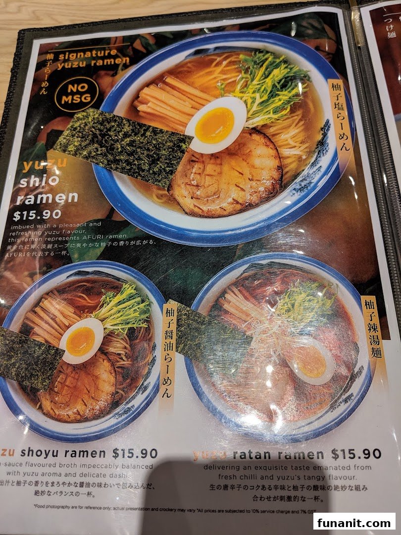 A menu page from Afuri showcasing various yuzu ramen dishes with prices and detailed descriptions.