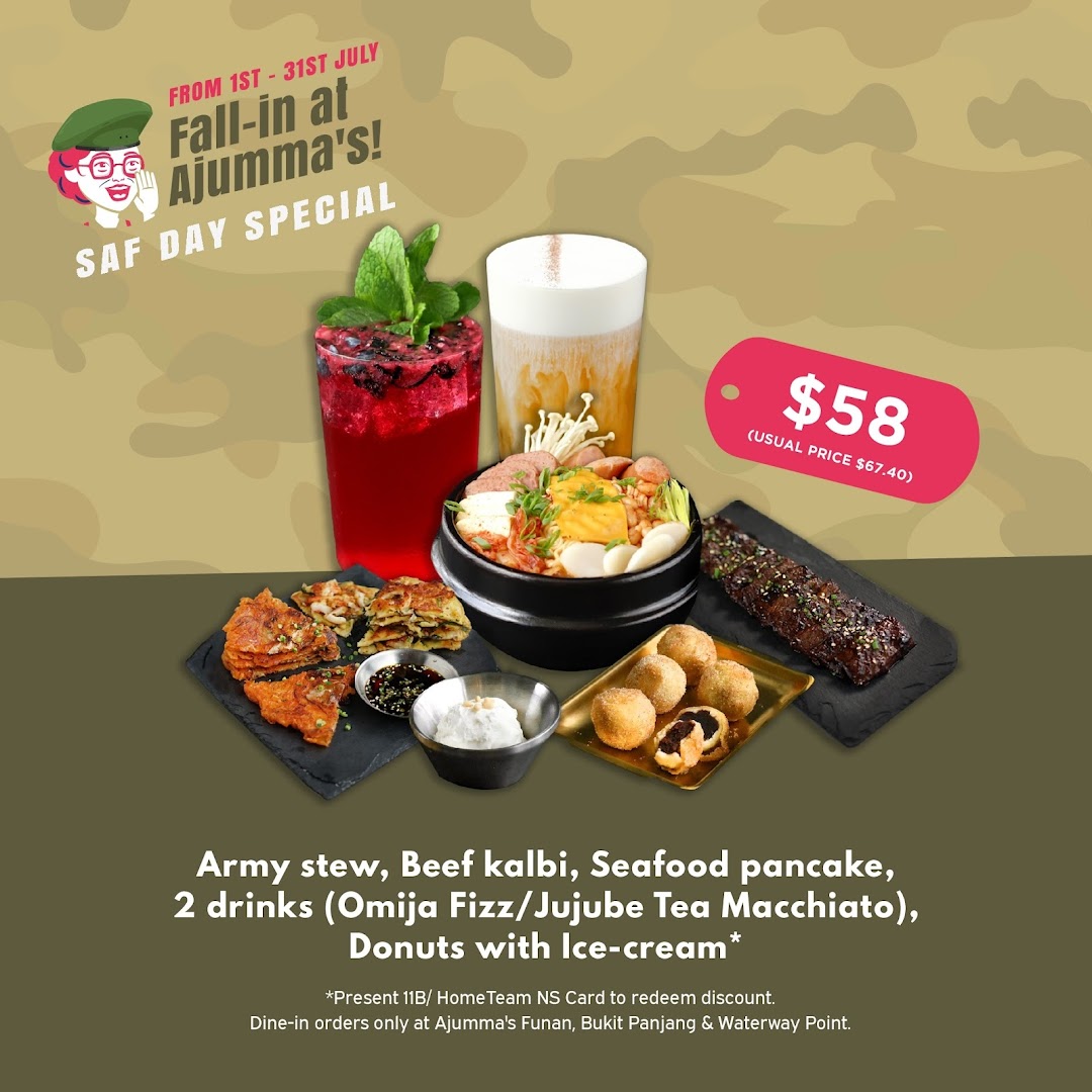 A promotional image for Ajumma's SAF Day Special set meal featuring Korean dishes and drinks.