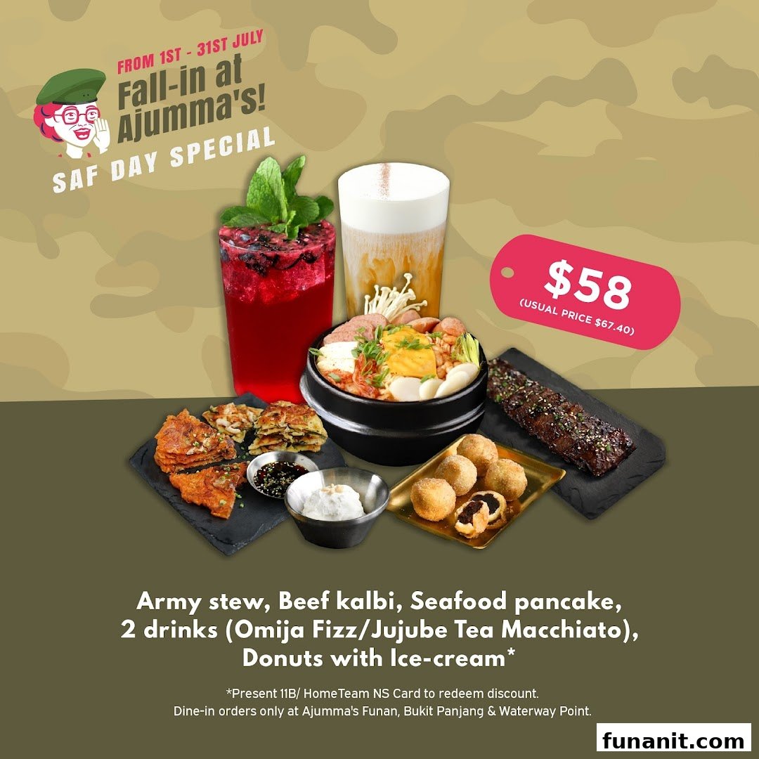 A promotional image for Ajumma's SAF Day Special set meal featuring Korean dishes and drinks.