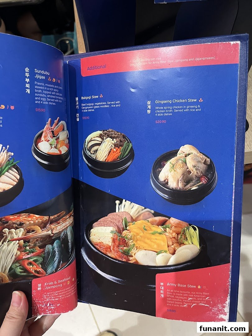 A vibrant menu page from Ajummas, showcasing various Korean stews with descriptions and prices.