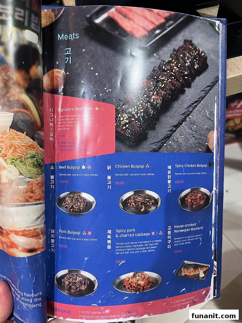 A page from Ajummas' menu showcasing various Korean meat dishes and their prices.