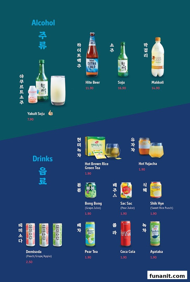 A vibrant menu displaying a selection of Korean alcoholic beverages and refreshing drinks with prices.