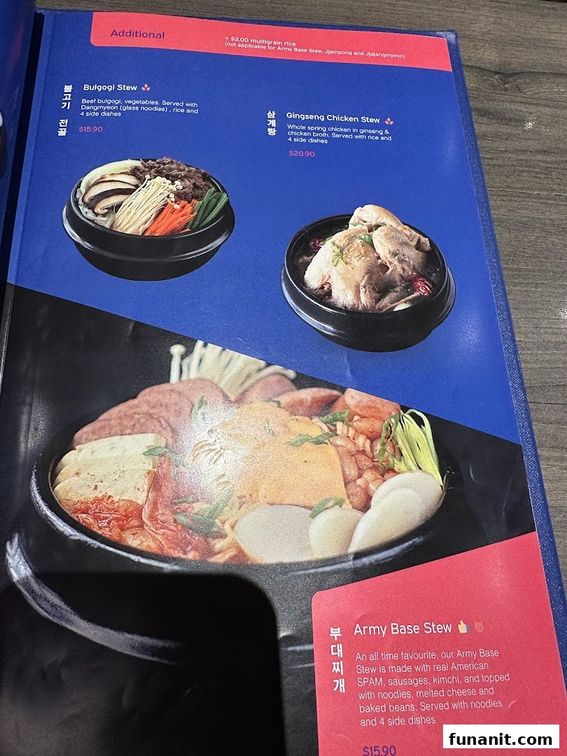 A page from a Korean restaurant menu featuring various stews with descriptions and prices.