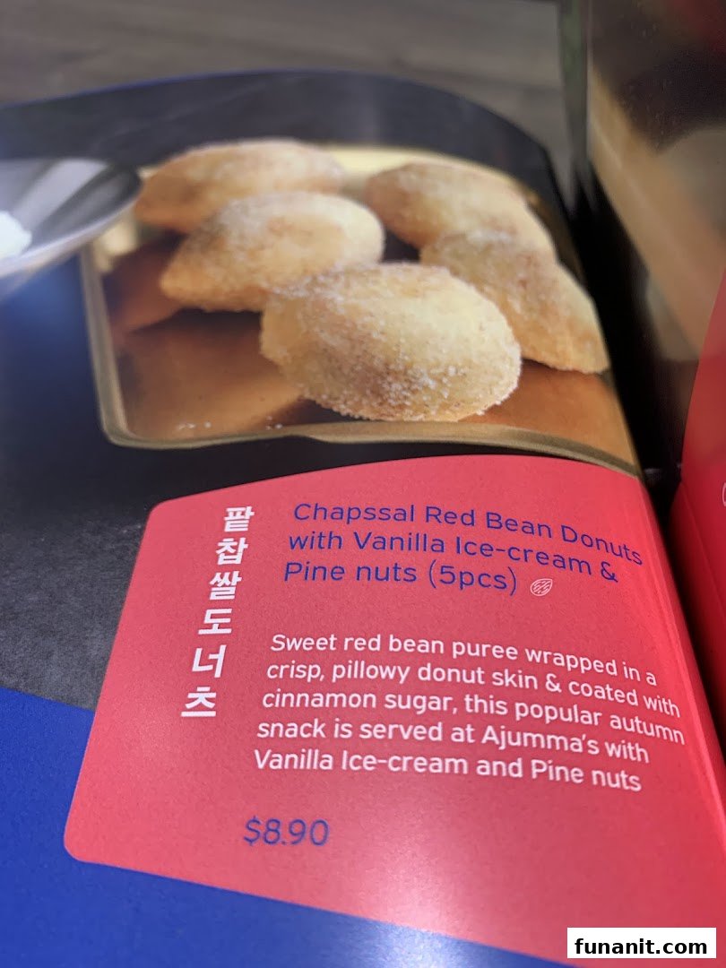 A menu page displaying Chapssal Red Bean Donuts with ice cream and pine nuts.