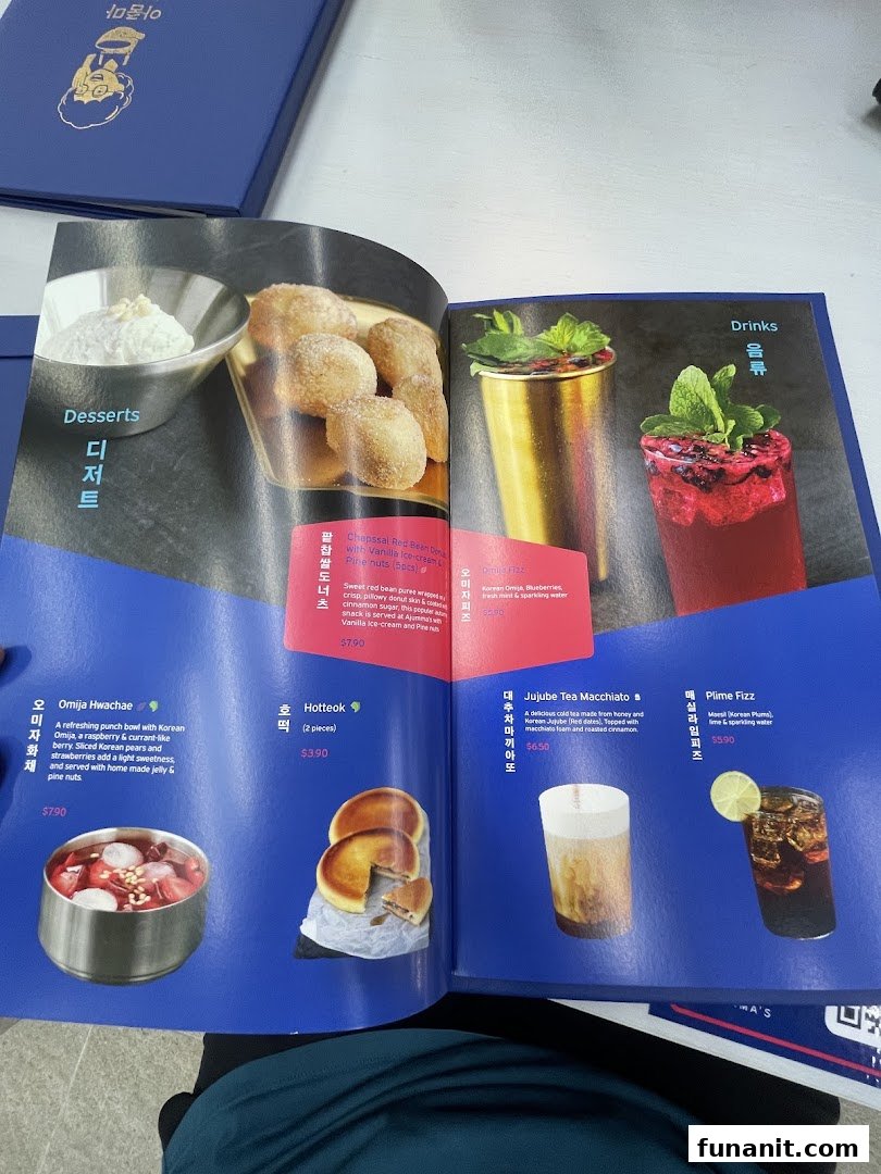 An open menu displaying desserts and drinks with images and descriptions.
