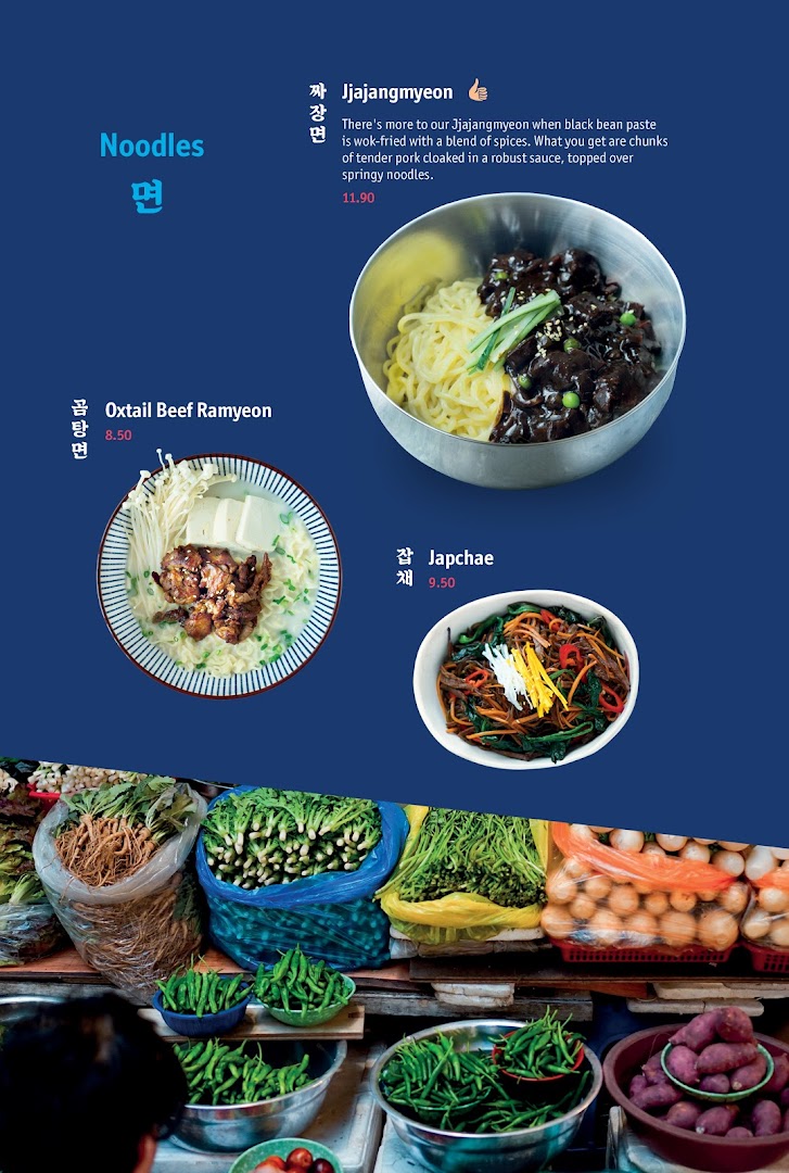 A menu displaying Korean noodle dishes like Jjajangmyeon, Oxtail Beef Ramyeon, and Japchae with prices.