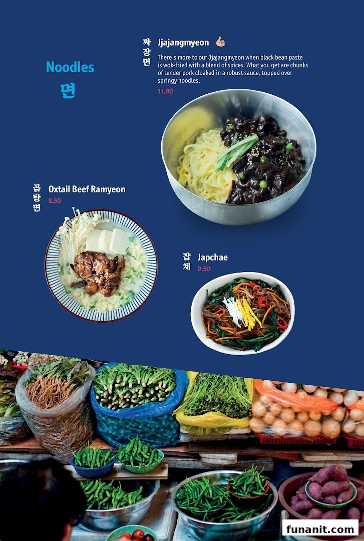 A menu displaying Korean noodle dishes like Jjajangmyeon, Oxtail Beef Ramyeon, and Japchae with prices.