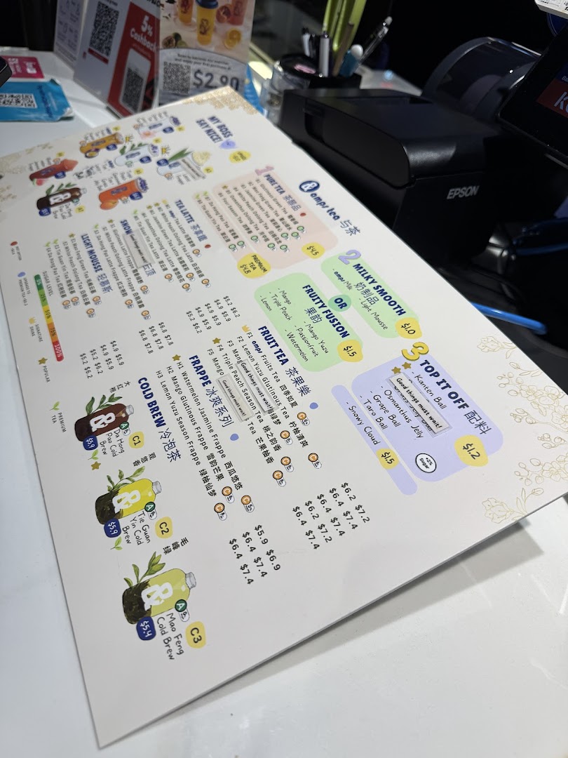 A detailed close-up of the amps tea beverage menu, showcasing various tea and frappe options.