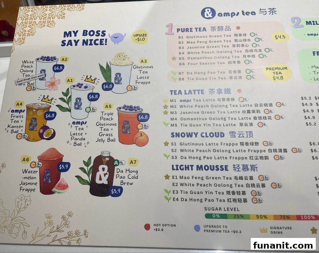 A vibrant menu displaying a variety of tea-based beverages, including lattes, frappes, and pure teas.