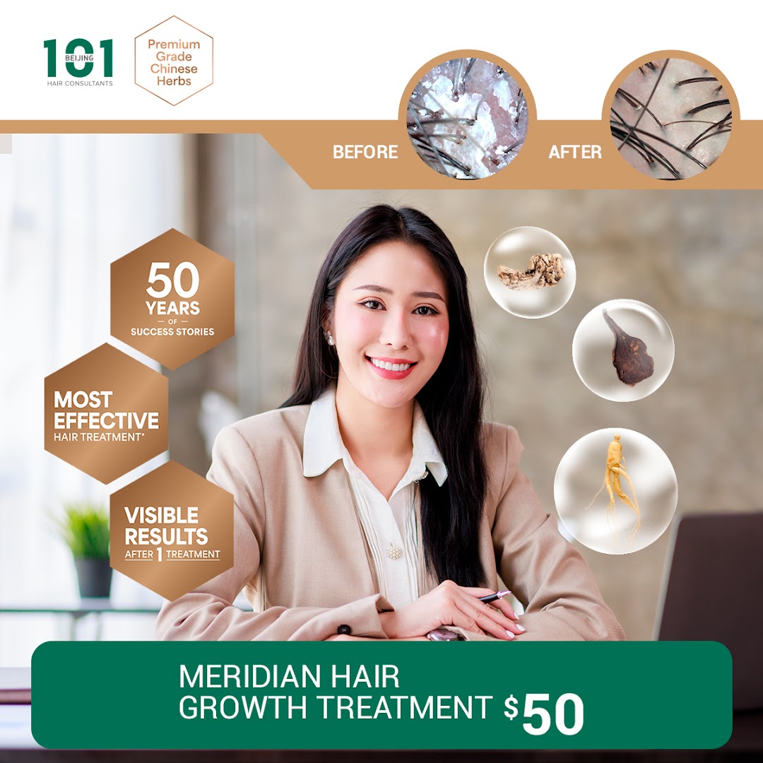 Promotional image for Beijing 101 Hair Consultants, featuring a woman, hair treatment results, and a special offer.