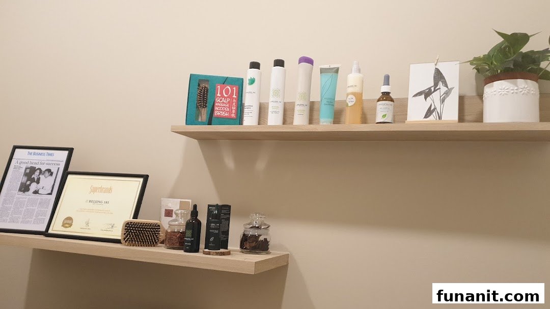 Shelves displaying hair care products, a plant, and framed awards/articles.