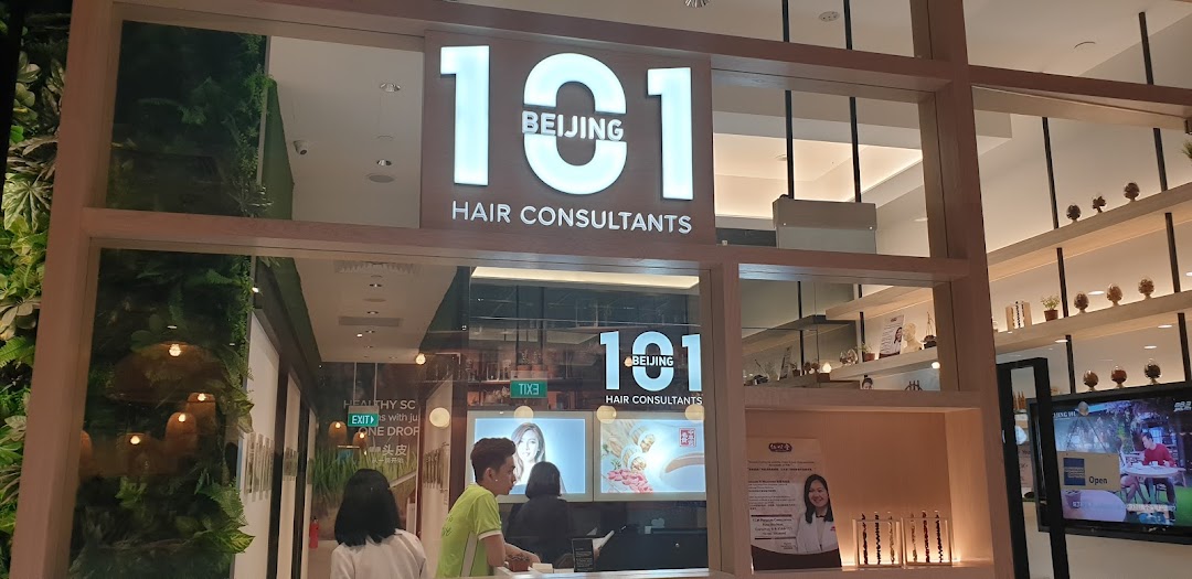 The shopfront of Beijing 101 Hair Consultants, featuring its prominent signage and interior view.