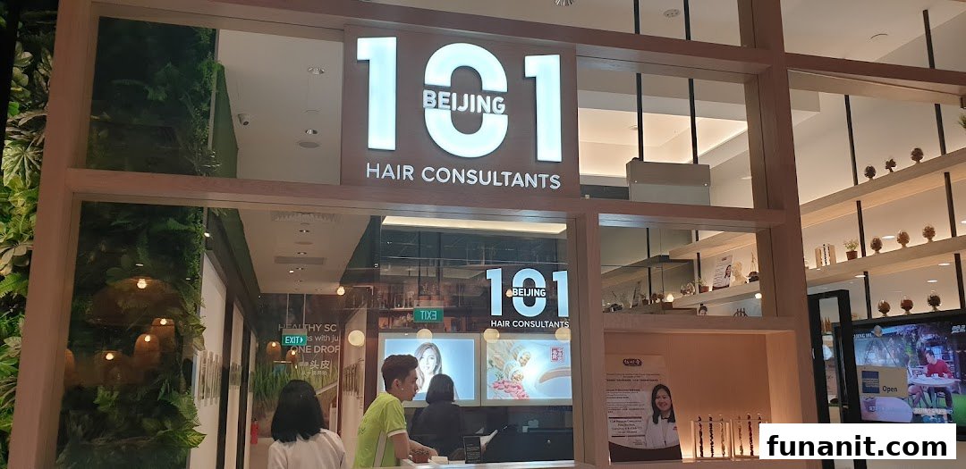 The shopfront of Beijing 101 Hair Consultants, featuring its prominent signage and interior view.