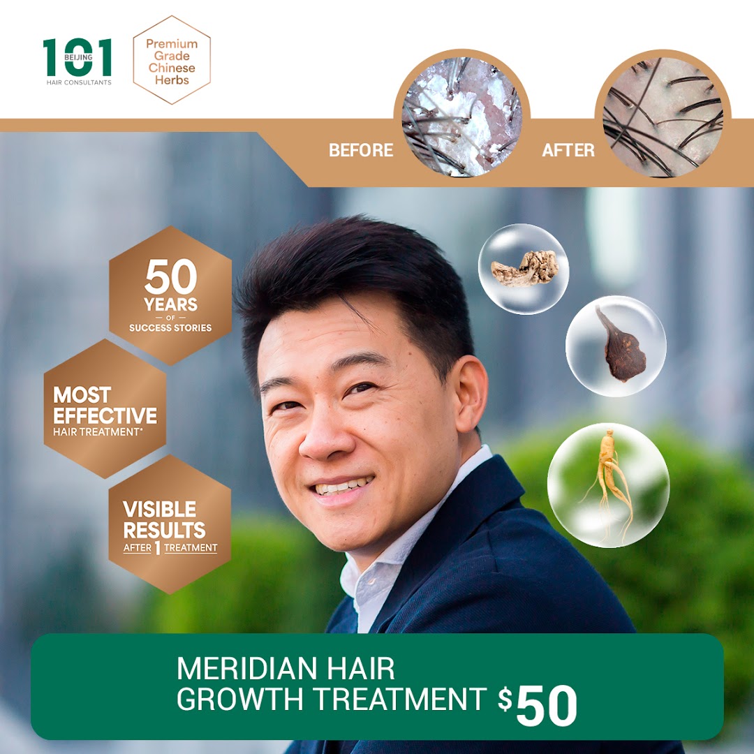 Promotional image for Beijing 101 Hair Consultants' Meridian Hair Growth Treatment, featuring before/after results and a smiling man.