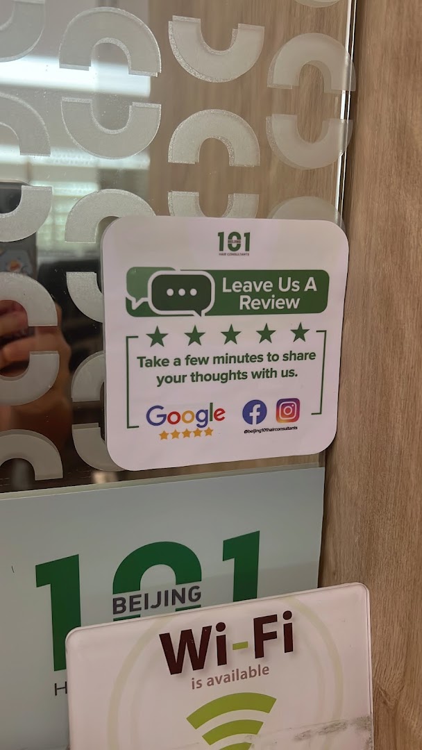 Sign inside Beijing 101 Hair Consultants for reviews and Wi-Fi.