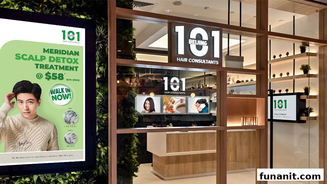 The shopfront of Beijing 101 Hair Consultants, featuring a promotional display for scalp detox treatment.